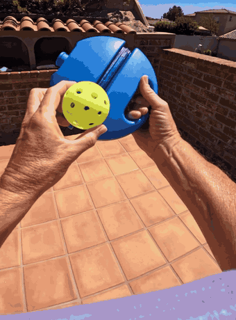 Solo Pickleball Rebounder Trainer in use: filling the base with water, then solo practice on a patio
