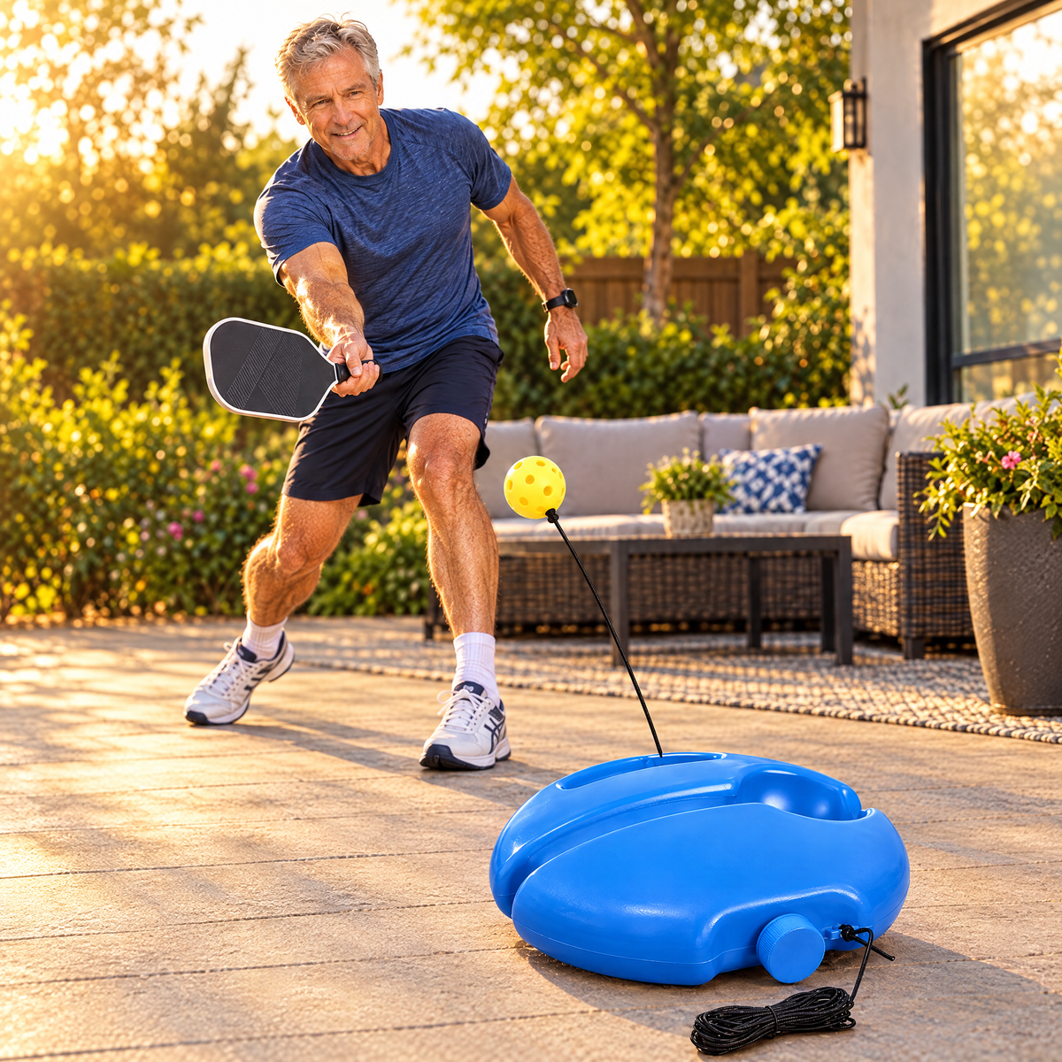 Confident older adult mid-swing with the PickleKing Solo Rebounder Trainer on a sunlit patio