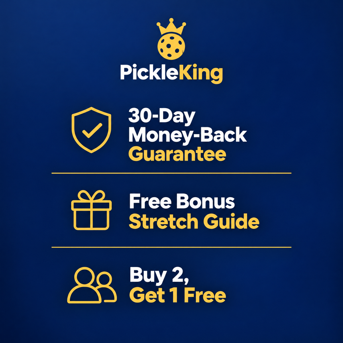 PickleKing trust badges: 30-day money-back guarantee, free bonus stretch guide, buy 2 get 1 free