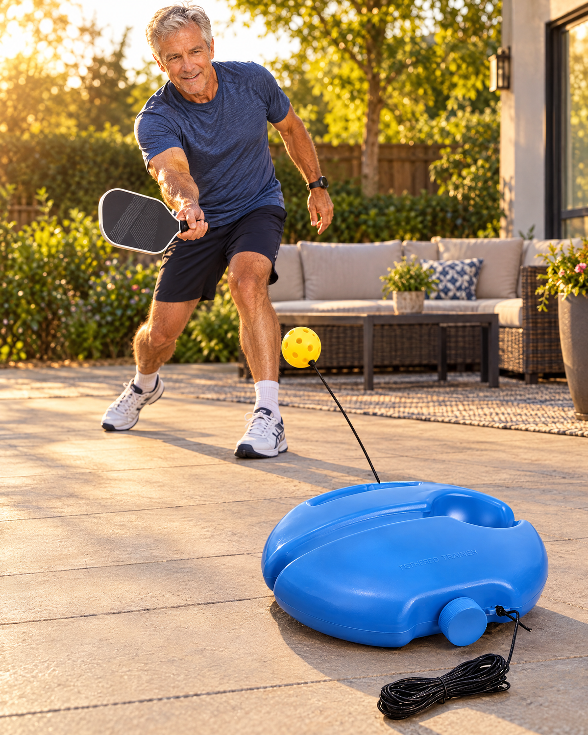 Man practicing pickleball swings with the solo rebounder trainer in his backyard